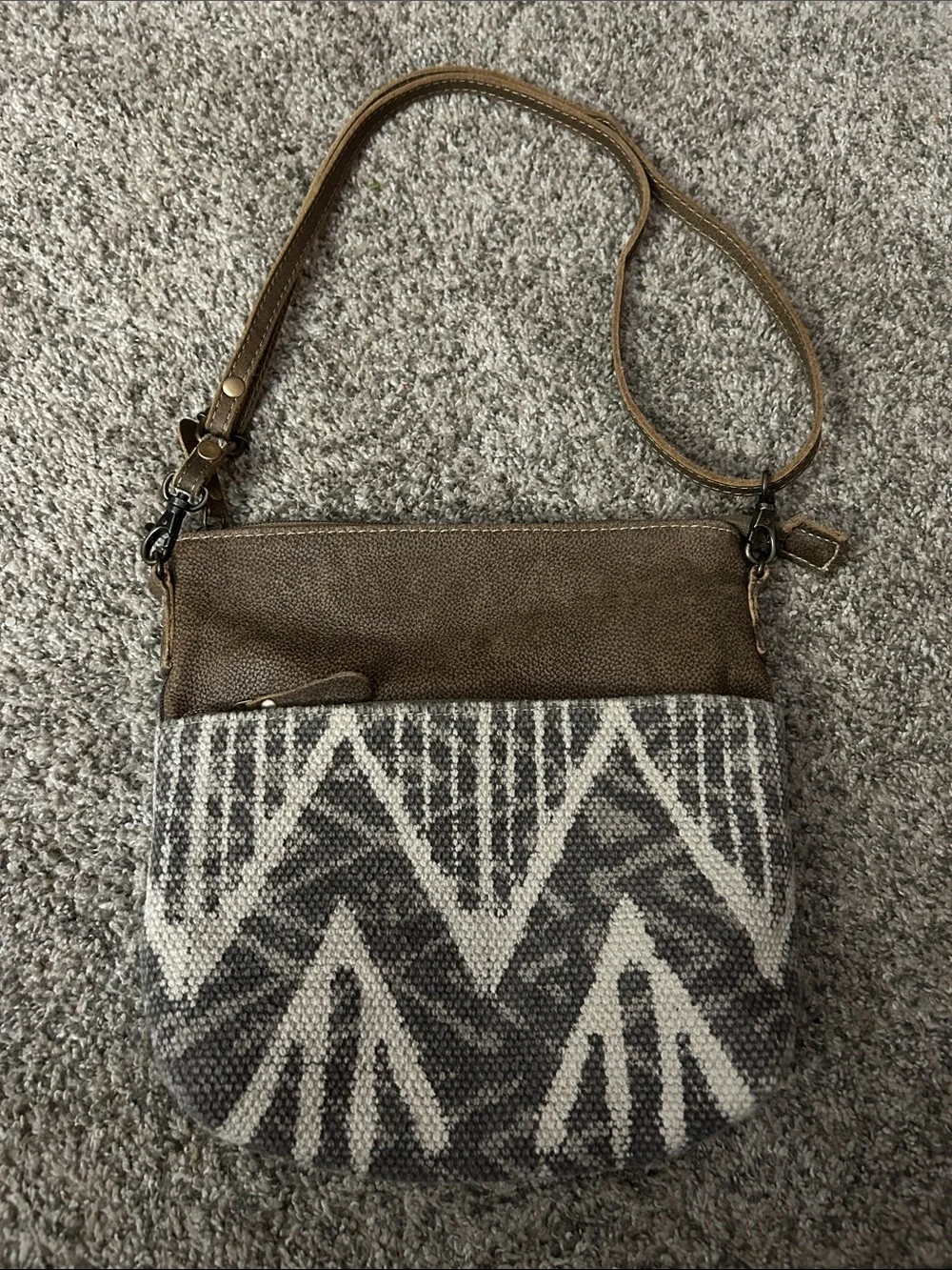 Myra Bag Coffee Canvas Small Crossbody Aztec Woven Geometric Leather